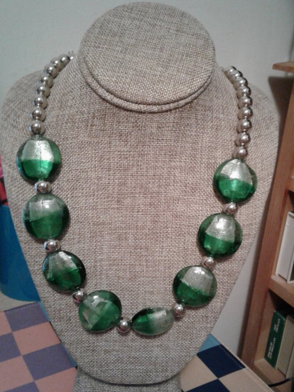 Green Dichroic Glass Large Saucer Beads & Sterling Silver Necklace & Earrings